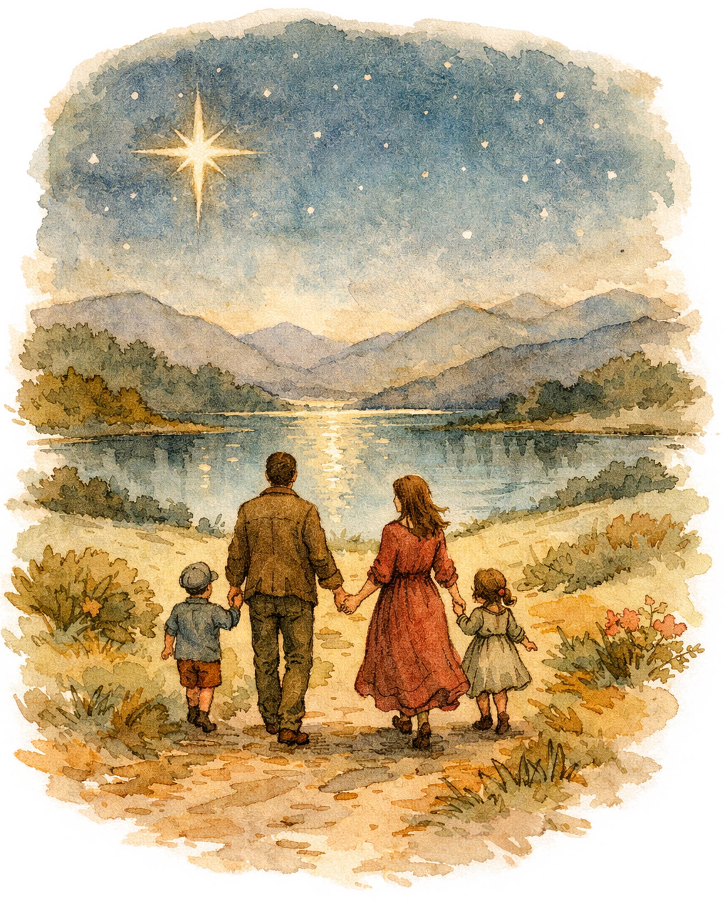 Aquarela de família caminhando em direção a uma estrela sobre lago e montanhas.