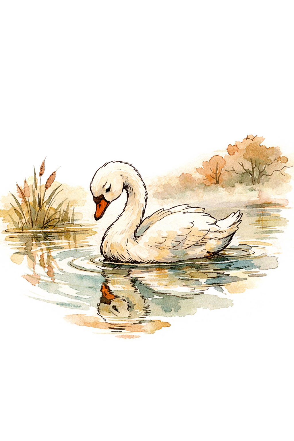 Ilustração em aquarela de um cisne em água calma com juncos e folhagem outonal.
